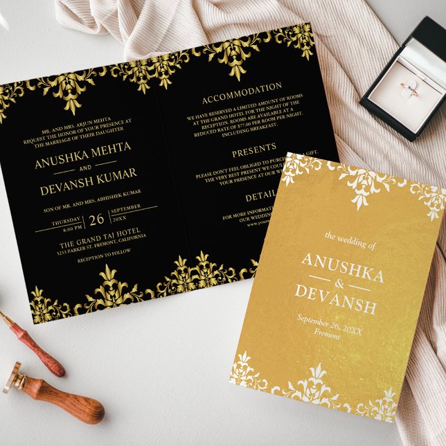 Convite de Casamento Damask Preto Estilo Indiano O (Criador carregado)