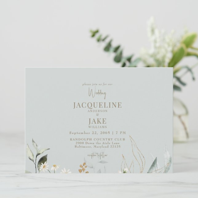 Convite de Casamento Dancing Daisies Light Sage (Em pé/Frente)
