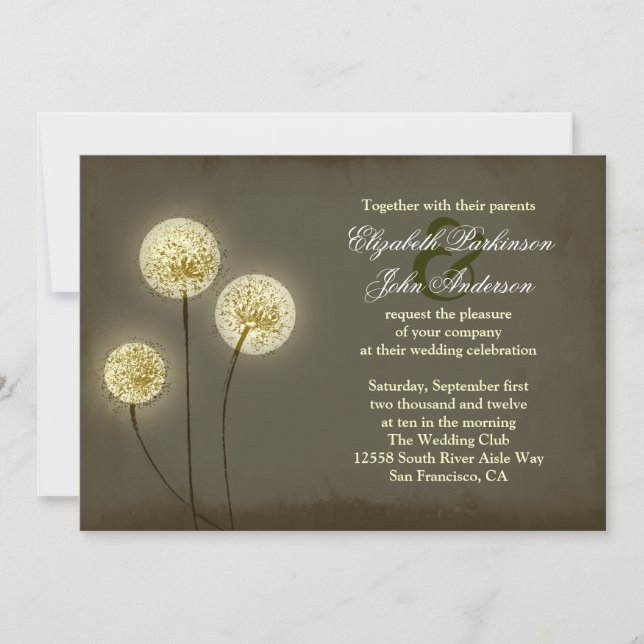 convite de casamento dandelions luz cintilante (Frente)