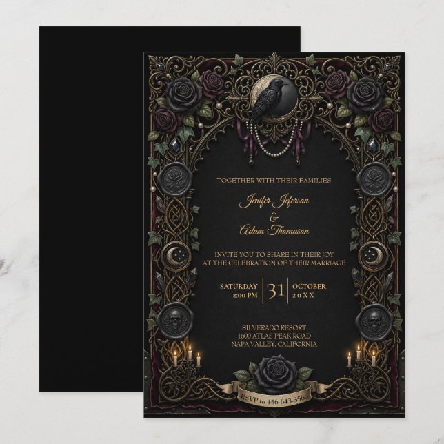 Convite de casamento Dark Gothic Halloween (Frente/Verso)