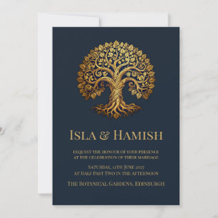 Convite de Casamento Dark Navy Gold Árvore Céltica