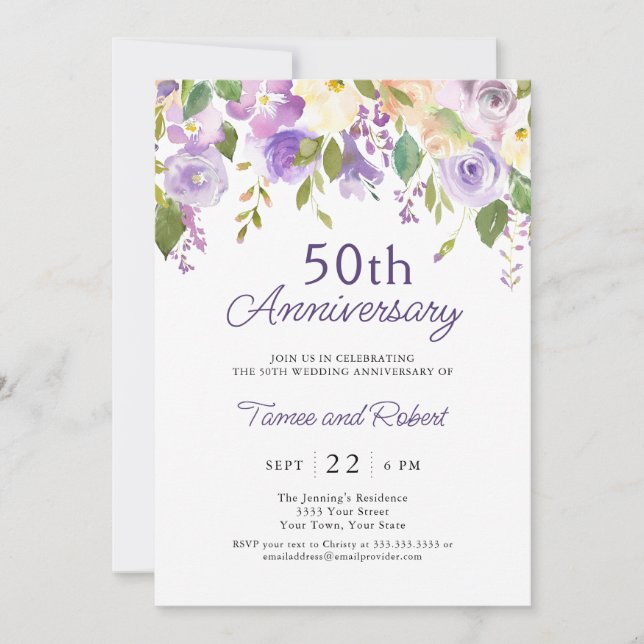 Convite de Casamento de 50 Anos Elegante Roxo (Frente)