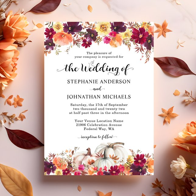 Convite De Casamento De Abóbora Floral Elegante (Elegant Watercolor Fall Floral Pumpkin Wedding Invitation)