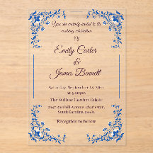Convite De Casamento De Acrilato Azul Elegante