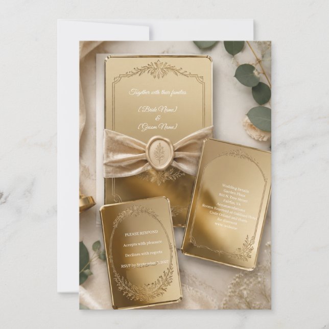 Convite de Casamento de Acrílico Espelho Dourado d (Frente)
