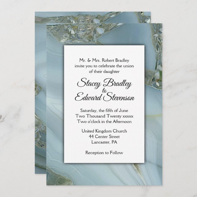 Convite de Casamento de Agato de Marble Azul (Frente/Verso)