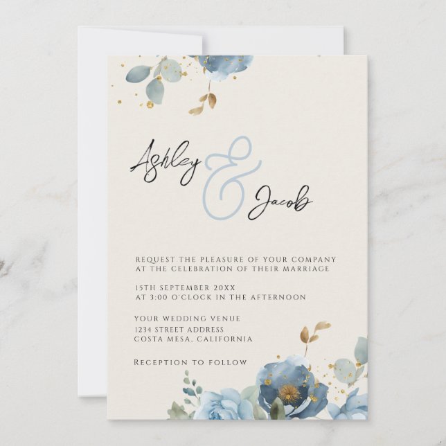 Convite De Casamento De Ampersand Floral Azul Eleg (Frente)
