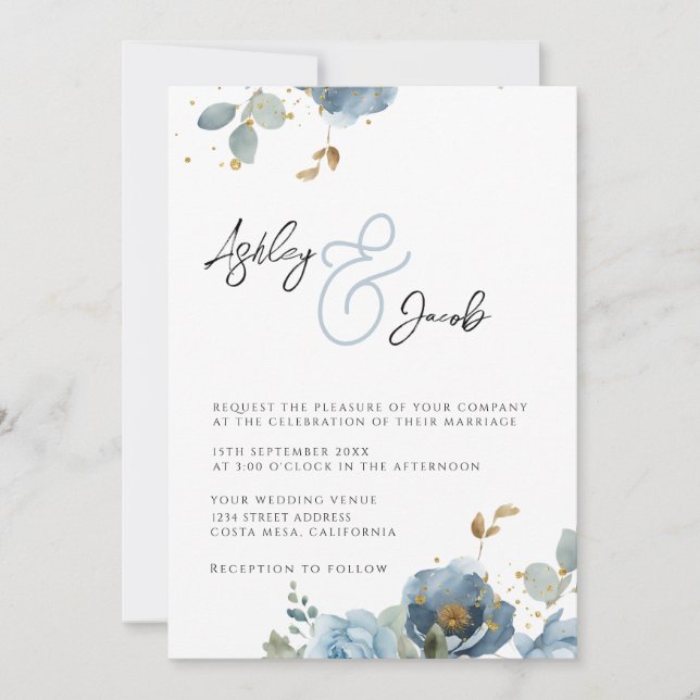 Convite De Casamento De Ampersand Floral Azul Eleg (Frente)