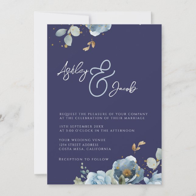 Convite De Casamento De Ampersand Floral Azul Eleg (Frente)
