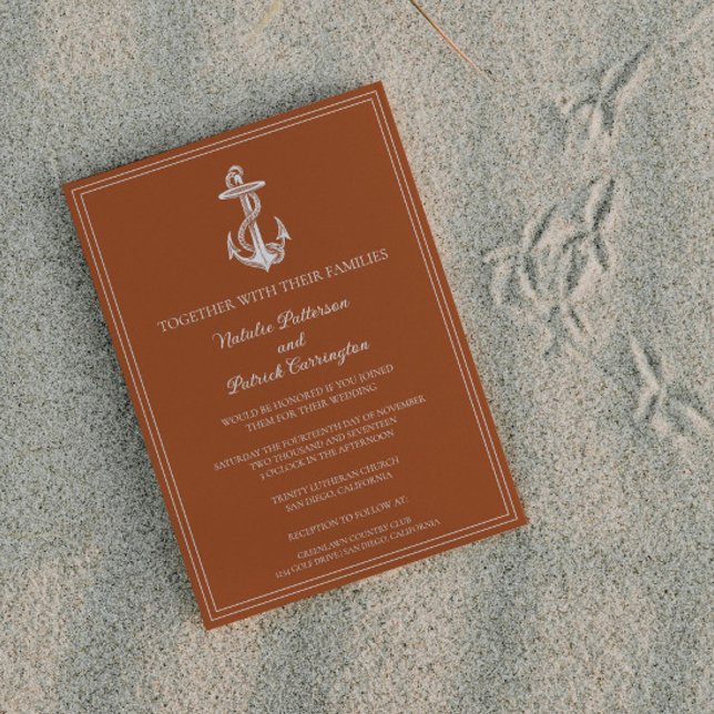 Convite De Casamento De Âncora Náutica Laranja Que (Burnt Orange Nautical Anchor Wedding Invitation)