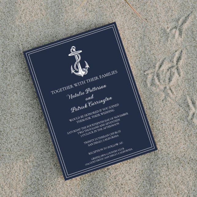 Convite De Casamento De Âncora Náutica marinho Azu (Navy Blue Nautical Anchor Wedding Invitation)