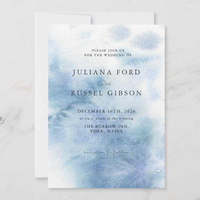 Convite de Casamento de Aquarela Azul Poeirento de (Frente)