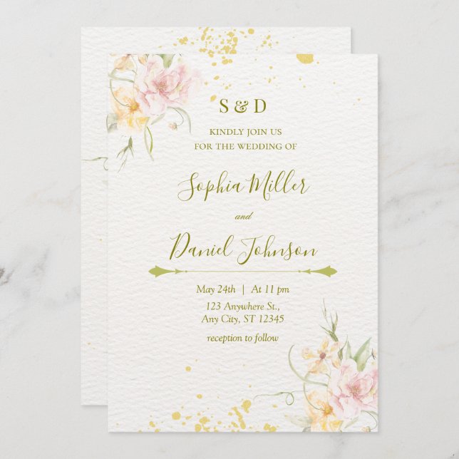 Convite de casamento de Aquarela Botânica (Frente/Verso)