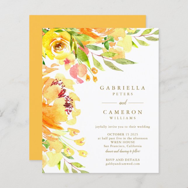 Convite de casamento de Aquarela de Flores Amarela (Frente/Verso)