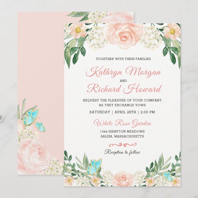 Convite de casamento de Aquarela do Rosa de Pêsseg (Frente/Verso)