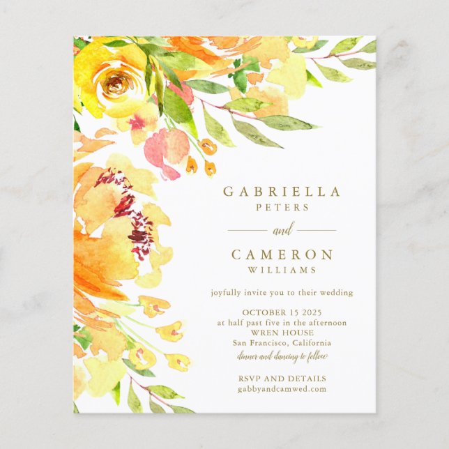 Convite de casamento de Aquarela Floral Amarelo (Frente)