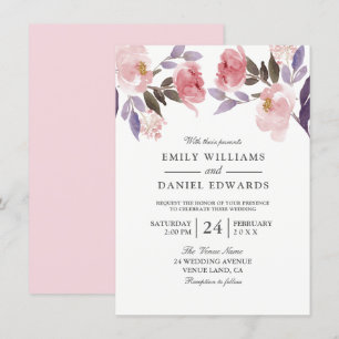 Convite de casamento de Aquarela Floral Rosa Púrpu