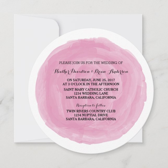 Convite de casamento de Aquarela Redonda Rosa (Frente)