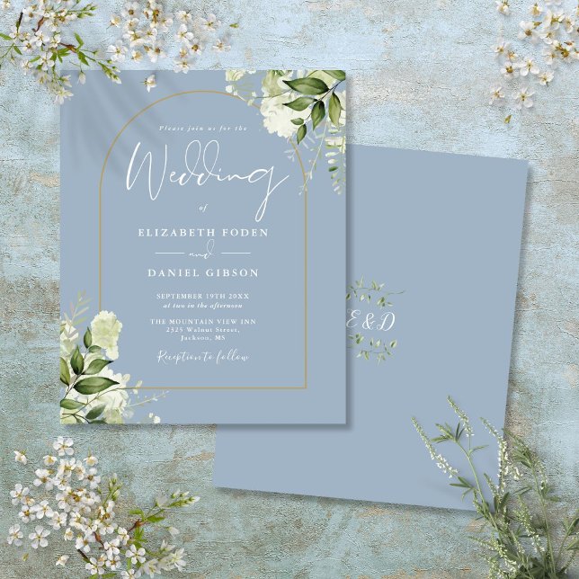 Convite de casamento de Arco Dourado Floral Azul D (Budget Dusty Blue Floral Gold Arch Wedding Invite)