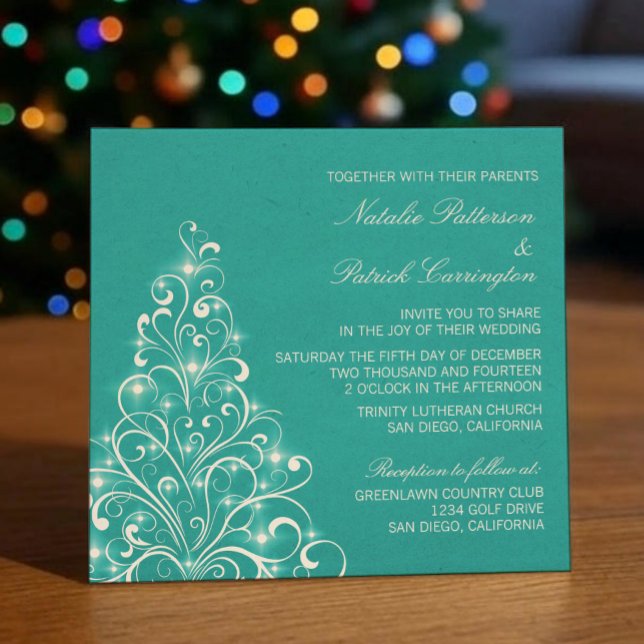 Convite de casamento de Árvore de Férias Sparkly,  (Aqua Sparkly Holiday Tree Wedding Invitation)