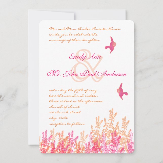 Convite de casamento de aves da flor Coral e Fuchs (Frente)