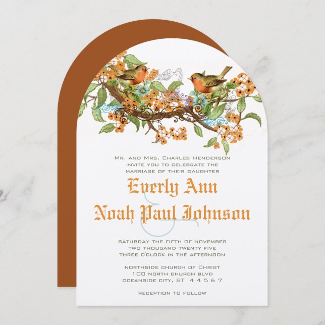 Convite De Casamento De Aves De Viagem Azul Coral  (Frente/Verso)