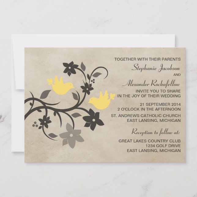 Convite De Casamento De Aves Florais Amarelas (Frente)