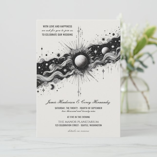 Convite de Casamento de Banda Celestial com Código (Em pé/Frente)