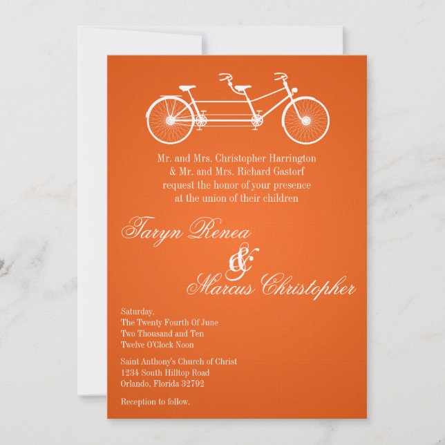 Convite de Casamento de Bike Dupla Laranja 5x7 (Frente)