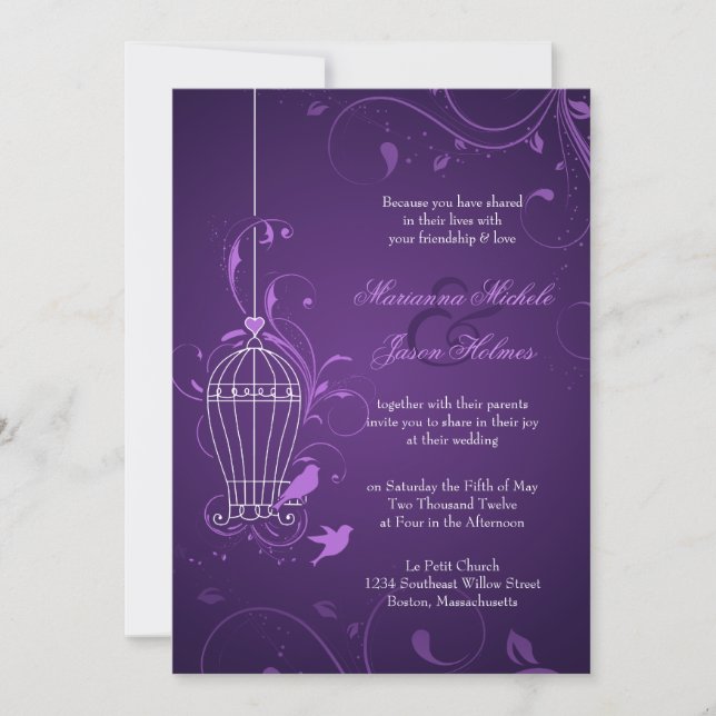 Convite de casamento de Birdcage Roxo com RSVP e I (Frente)