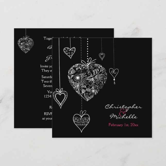 Convite de casamento de Black and White Hearts com (Frente/Verso)