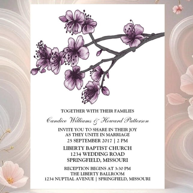 Convite de casamento de Blossomas de Cereja Simple (Purple Simple Cherry Blossom Wedding Invite)