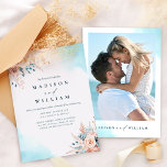 Convite De Casamento De Boho Beach Floral Watercol<br><div class="desc">Capture a essência de sua celebração à beira-mar com este Convite de Casamento de Boho Beach Floral Watercolor, perfeito para um casamento de destino de verão. Apresentando um design de cor azul serena, lacrimejo e pêssego com delicados sotaques florais, exude elegância moderna. Personalize-o com a sua foto favorita para criar...</div>