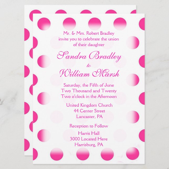 Convite de Casamento de Bolinhas Rosa (Frente/Verso)