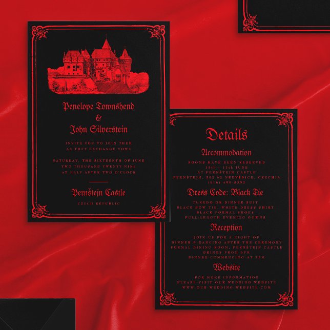 Convite de Casamento de Borda de Castelo Gótico Pr (Gothic Castle Border Black Double Sided Wedding Invitation)