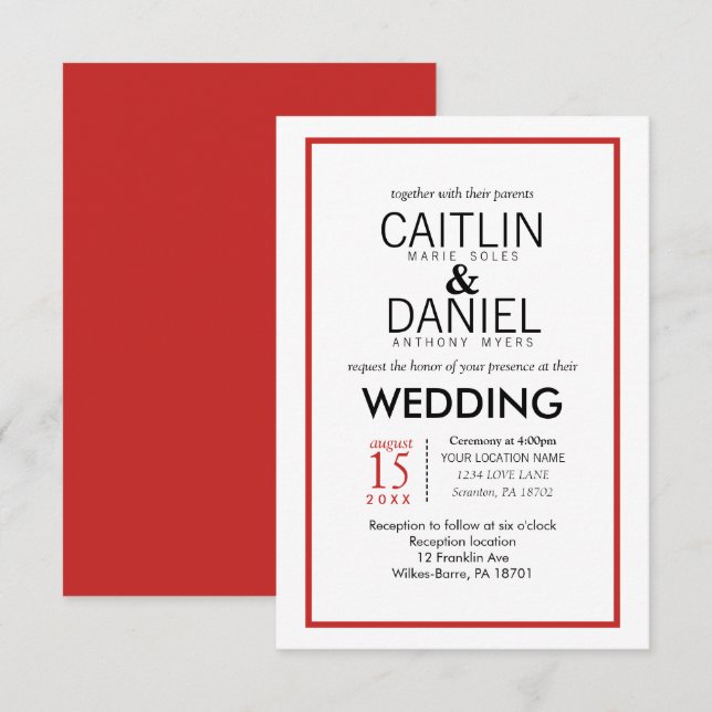 Convite de casamento de borda simples, vermelho e  (Frente/Verso)