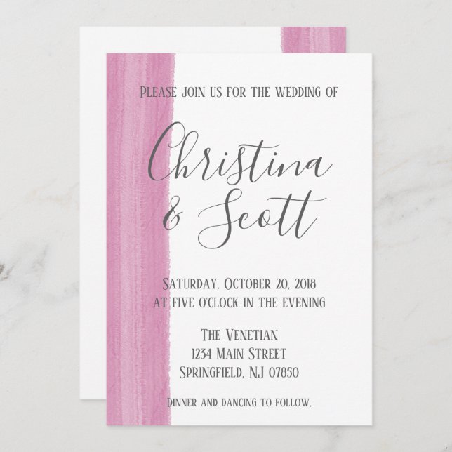 Convite De Casamento De Brushaft, Cor De Água Rosa (Frente/Verso)