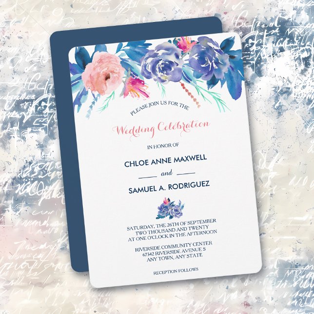Convite de Casamento de Buquê Rosa de Pêssego Azul (Criador carregado)