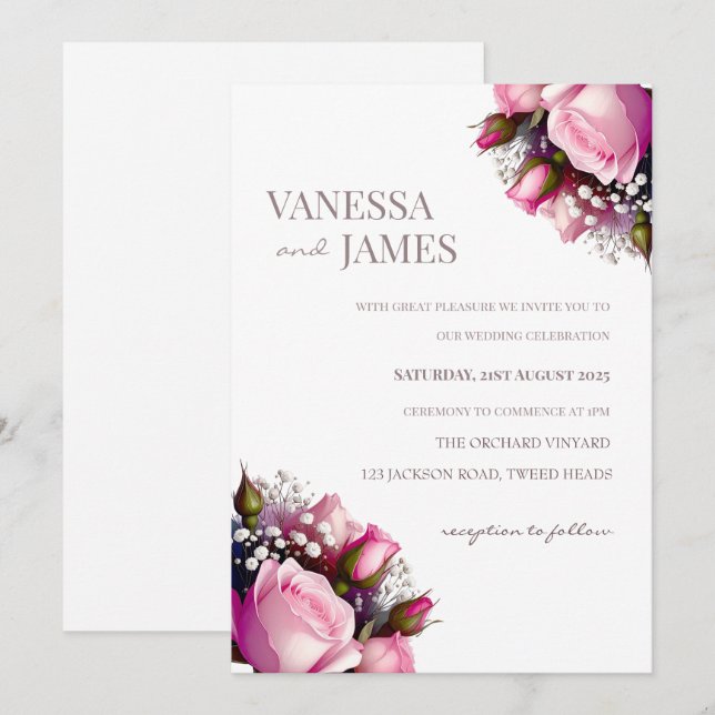 Convite de Casamento de Buquês rosas (Frente/Verso)