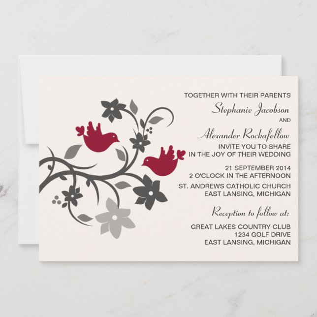 Convite De Casamento De Burgundy Floral Lovebird (Frente)