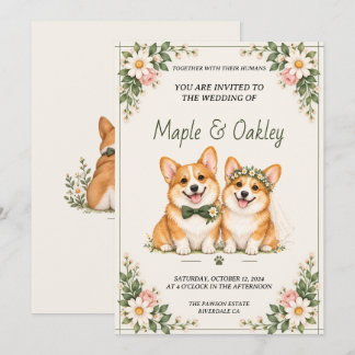 Convite de Casamento de Cachorro Corgi Fofo Floral