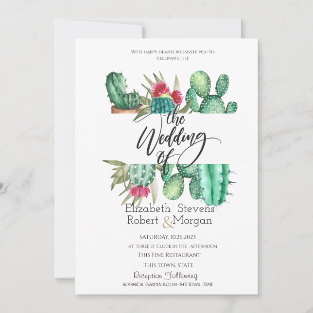 Convite de Casamento de Cacto com Aquarela Caprich (Frente)