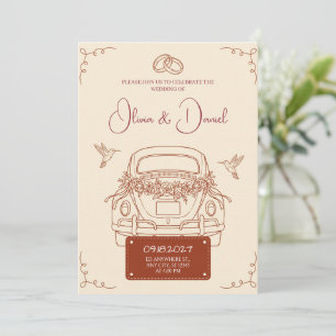 Convite de Casamento de Carro de Fuga Retro em Ter