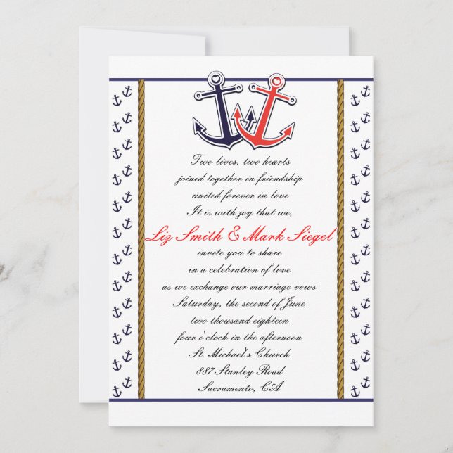 Convite de Casamento de Casal com Âncora Náutica (Frente)