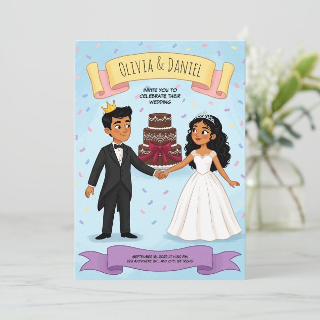 Convite de Casamento de Casal de Desenho Animado F (Em pé/Frente)