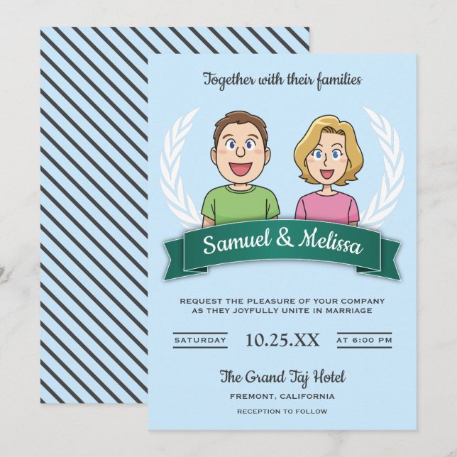 Convite de Casamento de Casal de Quadrinhos Bonito (Frente/Verso)