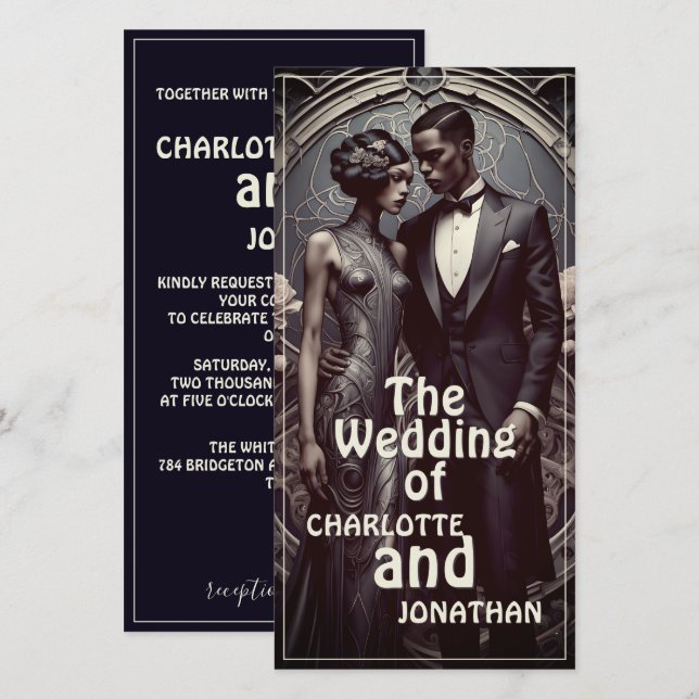Convite de Casamento de Casal Elegante Art Déco (Frente/Verso)
