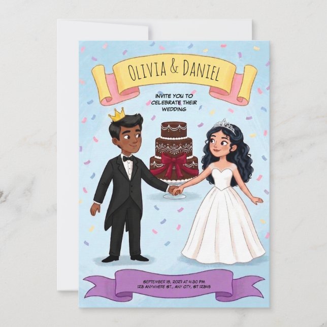 Convite de Casamento de Casal Fofo de Desenho Anim (Frente)