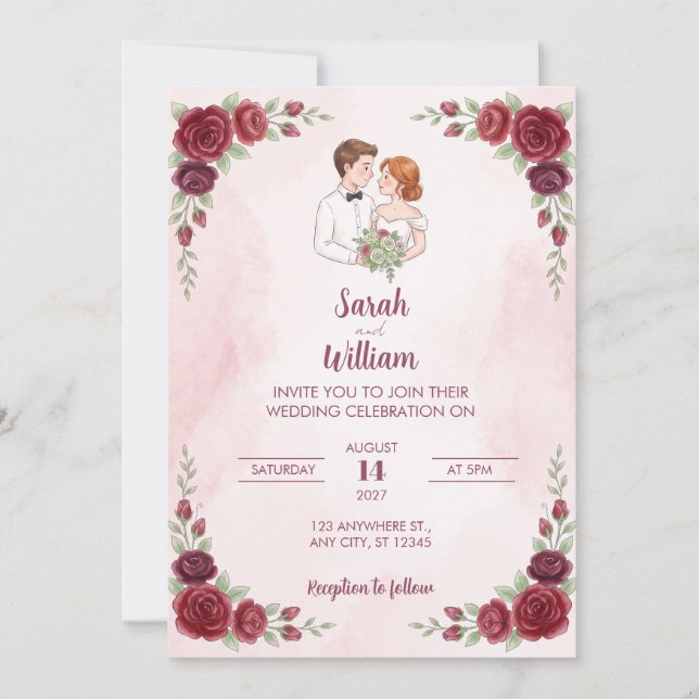 Convite de Casamento de Casal Ilustrado Rosa Verme (Frente)