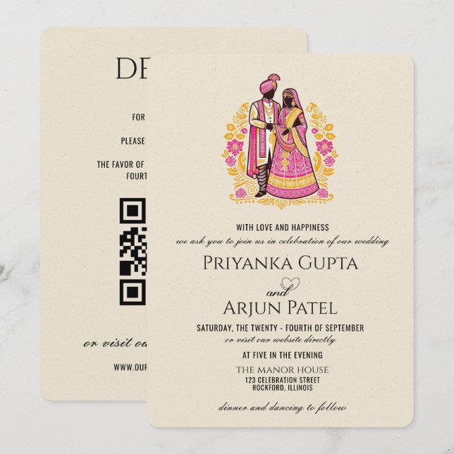 Convite de Casamento de Casal Indiano Colorido (Frente/Verso)